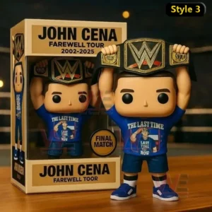 John Cena Farewell Tour 2025 Pop Vinyl Figure 5 John Cena farewell tour collectible figure lifting a championship belt above the head posed beside a John Cena Farewell Tour 2002 2025 box on a wooden table!