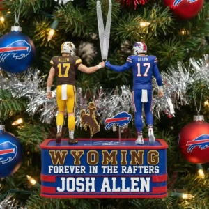 Holiday ornament featuring two football figures representing the career path of Josh Allen displayed on a decorated Christmas tree!