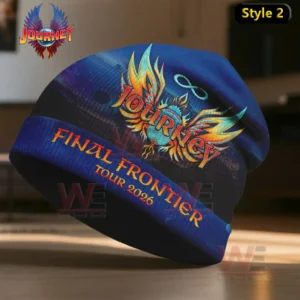 Journey Band Final Frontier Tour 2026 Beanie Hat Cap 4 Blue Journey beanie with winged emblem and Final Frontier Tour 2026 text.