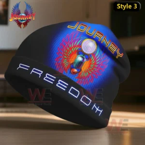 Journey Band Final Frontier Tour 2026 Beanie Hat Cap 5 Blue and black Journey beanie with radiant emblem and Freedom text.