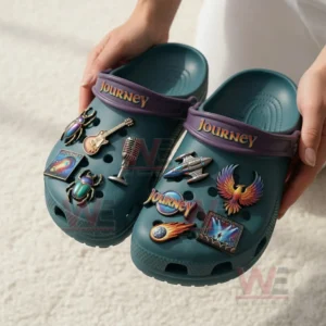 Journey Rock band Final Frontier Crocs Clogs with Charms 5 Pair of themed clogs held up to display detailed charms and textured design!