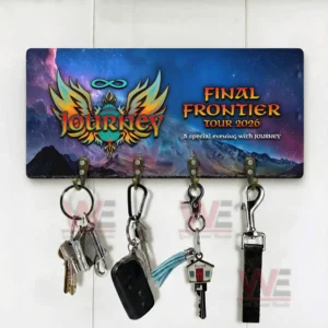 Wall key organizer with Journey band artwork and metal hooks holding keys shown in a clean and modern indoor environment!