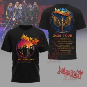A black tshirt showing a band portrait on the front and a winged cross emblem with tour dates on the back!