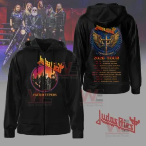 A black zip hoodie showing a band photo on the front and a winged cross emblem with tour dates on the back!