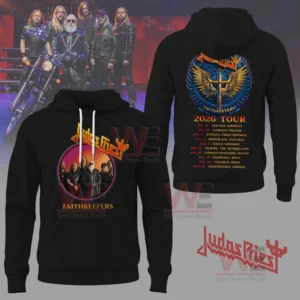 A black pullover hoodie showing a band photo on the front and a winged cross emblem with tour dates on the back!