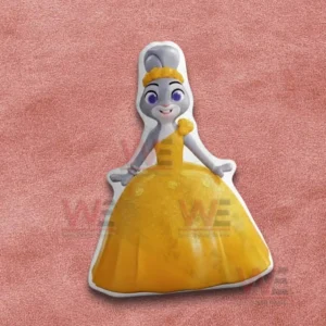 Rabbit princess pillow in a yellow dress shown on a pink fabric background!