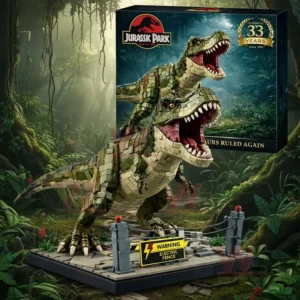 Jurassic Park T Rex brick model with dynamic pose jungle background and detailed base for display!