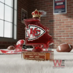 A Missouri shaped Chiefs anniversary bottle with a crown cap placed on a white rug in a football decorated brick walled room!