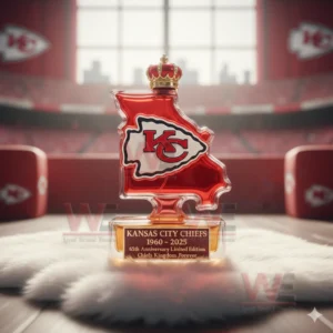 Kansas City Chiefs 1960-2025 65th Anniversary Custom Whiskey Bottle 5 A Missouri shaped red bottle placed on a soft rug with stadium seating and Chiefs branding surrounding it!