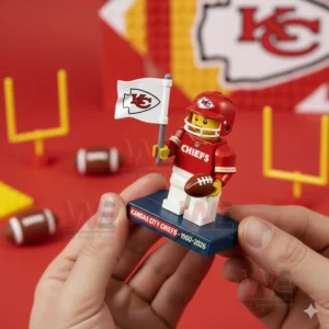 Kansas City Chiefs 1960-2026 Anniversary Minifigure 3 Hands holding a red football figure with a flag and ball against a red sports themed background!