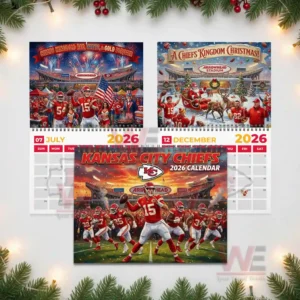 Calendar pages showing July fireworks Christmas scene and Chiefs running on field at sunset!