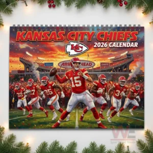 Chiefs players running onto field under orange sunset with stadium and confetti behind!