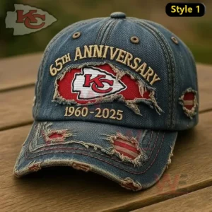 Blue distressed denim Kansas City Chiefs anniversary baseball cap with red logo and embroidered years!