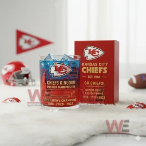 A Kansas City Chiefs glass with blue ice beside a red team box featuring Mahomes era graphics and championship years!