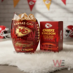 Kansas City Chiefs 65th Anniversary 4x Super Bowl Champions Whiskey Glass 8 A football shaped Kansas City Chiefs glass with orange ice beside a red box celebrating championship wins!