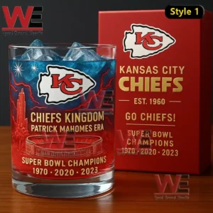 Kansas City Chiefs 65th Anniversary 4x Super Bowl Champions Whiskey Glass 9 A close up Chiefs glass with blue ice beside a red team box highlighting Mahomes era graphics!