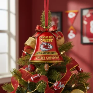 Kansas City Chiefs 65th Anniversary Chiefs Kingdom Bell Ornament 4 A red Chiefs anniversary bell ornament hanging on a decorated Christmas tree with team themed decor around it!