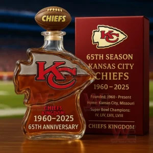 Glass whiskey bottle with team logo and anniversary theme displayed next to a red collector box!