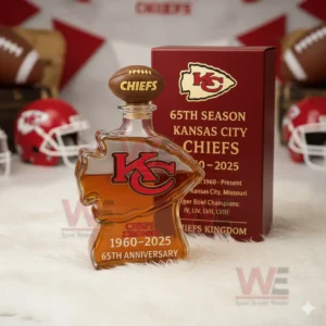 Commemorative whiskey bottle with football themed decor and red anniversary box!