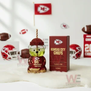 Bear shaped glass cup with Kansas City Chiefs theme shown with football decorations!