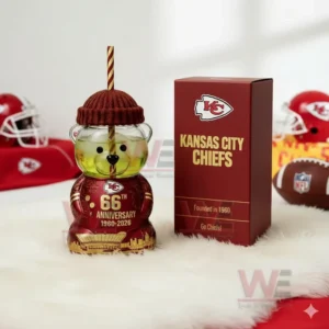 Kansas City Chiefs bear shaped glass cup displayed with a red box in a modern setting!
