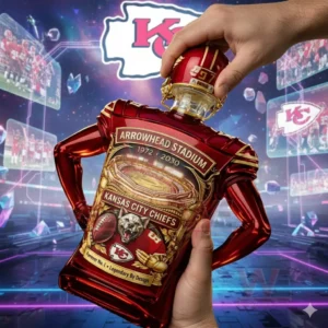 A football player shaped whiskey bottle with Kansas City Chiefs artwork is held in front of a futuristic sports themed background!