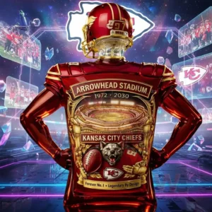 A Kansas City Chiefs whiskey bottle shaped like a football player is shown from behind with detailed stadium artwork!