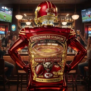 A Kansas City Chiefs football figure whiskey bottle is displayed in a bar scene with warm lighting and sports atmosphere!