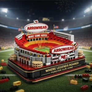 Brick built Arrowhead Stadium model displayed on green turf with stadium lights and celebratory atmosphere!
