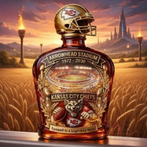 Brown decanter bottle with a gold KC helmet topper and Arrowhead Stadium farewell label displayed in front of a sunset landscape with fields and distant towers.