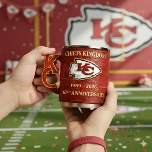 Hands holding a red Kansas City Chiefs mug with KC letter handle and Chiefs Kingdom 1959 2026 67th Anniversary design against a Chiefs themed stadium background.