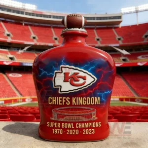 Red football commemorative bottle with Chiefs emblem and championship design displayed inside a professional stadium!