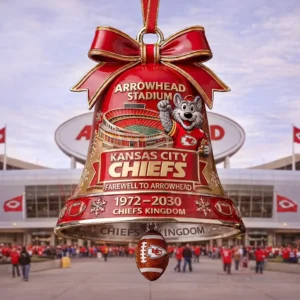 Red and gold Kansas City Chiefs bell ornament with Arrowhead Stadium illustration mascot graphic farewell text and a dangling football charm.