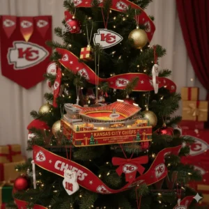 Kansas City Chiefs themed Christmas tree with a stadium anniversary ornament and coordinated red gold decorations!