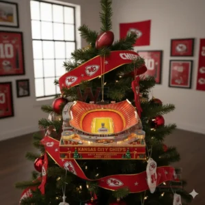 Kansas City Chiefs stadium anniversary ornament hanging on a Christmas tree inside a room filled with Chiefs memorabilia!