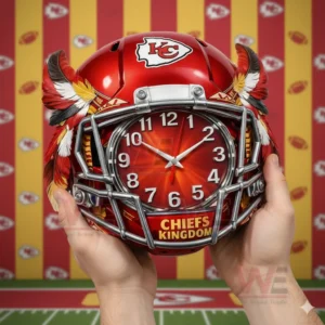 Kansas City Chiefs Helmet Clock 3 Hands holding a red Kansas City Chiefs football helmet shaped wall clock with metallic face mask feathers on the sides and a vivid clock face against a themed background!