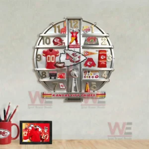 Kansas City Chiefs Home Decorative 3D Wall Clock 6 Kansas City Chiefs wall clock above a desk with football photo mug and clean workspace decor!