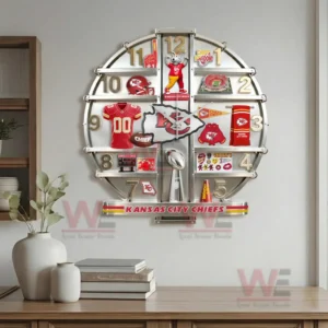 Kansas City Chiefs Home Decorative 3D Wall Clock 7 Kansas City Chiefs decorative wall clock displayed in a modern living room with wooden furniture and clean interior styling!
