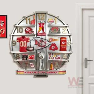 Kansas City Chiefs Home Decorative 3D Wall Clock 8 Kansas City Chiefs wall clock mounted near a doorway with clear team identity and organized sports design!