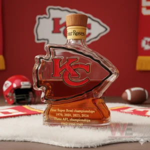 Football arrow shaped whiskey bottle with wooden cap and red sports background!