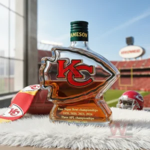 Arrow shaped whiskey bottle with amber liquor shown with football gear inside a stadium!