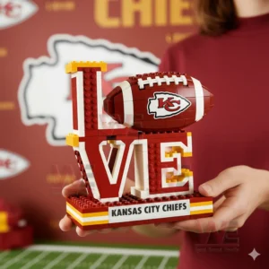 Kansas City Chiefs LOVE Building Block Brick 3 Hands holding a Kansas City Chiefs LOVE building brick model with football and logo!