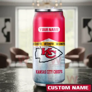 Kansas City Chiefs NFL Personalized Can Tumbler 5 A custom Kansas City Chiefs can shaped tumbler placed in a living room setting with strong team colors and a space for text personalization!