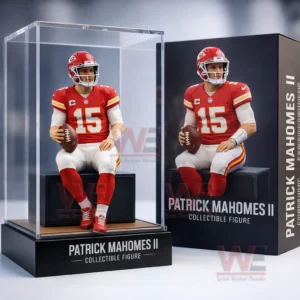 Kansas City Chiefs quarterback collectible figure in a red number fifteen uniform inside a clear display case next to a matching black branded box!