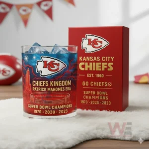 Kansas City Chiefs themed glass with blue iced drink beside a red box showing team logo and Super Bowl champion details!