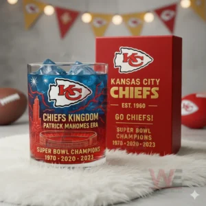 Kansas City Chiefs Patrick Mahomes Era Super Bowl Champions Whiskey Glass 4 Kansas City Chiefs glass with blue iced drink next to a red and gold box in a football themed decorated setting!