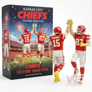 Brick football figures in red uniforms performing a celebratory high five pose displayed next to a colorful collector edition box!