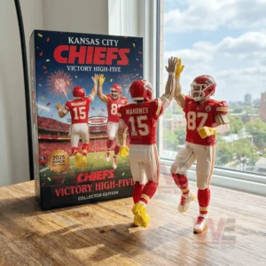 Brick football player figures celebrating a high five moment indoors with a collector edition box near a window view!