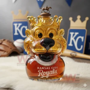 Crowned lion whiskey bottle surrounded by baseball gear and team signs!