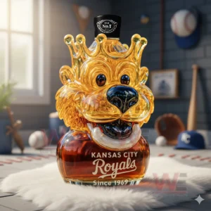 Lion mascot whiskey bottle with crown and dark cap in a sports themed room!